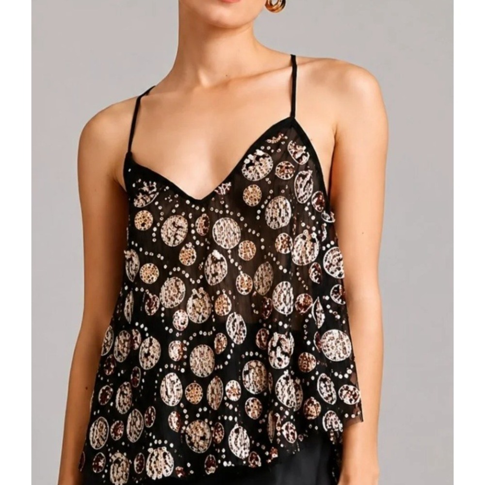 Let Me Be Anthropologie Sequin Beaded Mesh Swing Cami Top Black Rose Gold Small